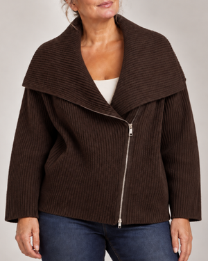 Women's brown ribbed cardigan alternate angle — cozy — Tara Oversized Zip Cardigan — Sonverdano