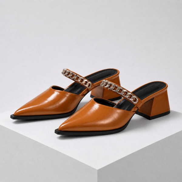 Women's brown heels styled look — elegant — Cassandra Pointed Toe Chain Mules — Sonverdano