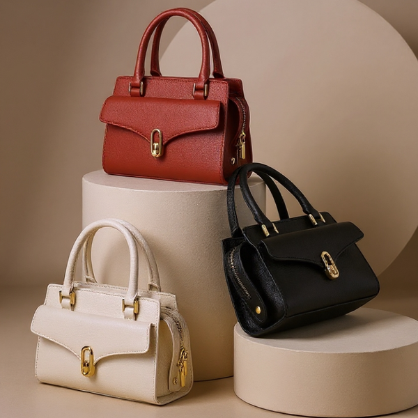Three handbags in red, black, and white on a beige background