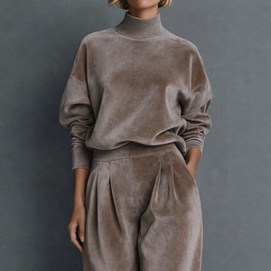 Women's pants — versatile — PR-0597 - Women's Velvet Knit Long Sleeve Two-Piece Set with Wide Leg Pants — Sonverdano