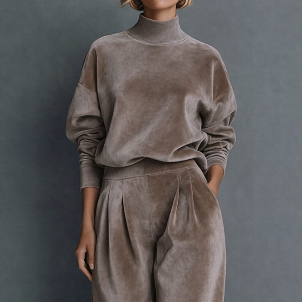 Women's pants — versatile — PR-0597 - Women's Velvet Knit Long Sleeve Two-Piece Set with Wide Leg Pants — Sonverdano