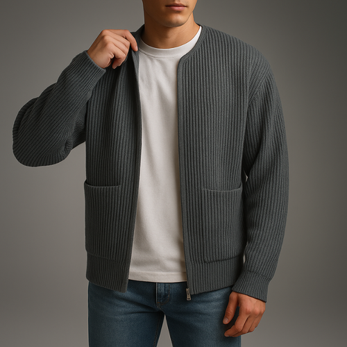 Person wearing a gray cardigan over a white shirt with a gray background