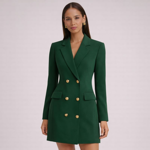 Green blazer dress worn by a model on a light pink background
