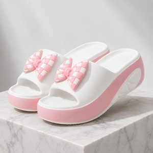 Women's pink checkered sandals styled look — versatile — Vivi Bow Platform Sandals — Sonverdano