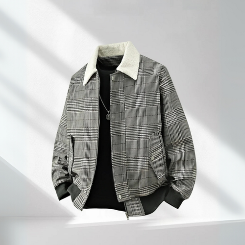 Plaid jacket with white collar on a light gray background