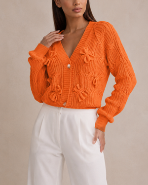 Women's textured cardigan color detail — cozy — Ariana Bow Knit Cardigan — Sonverdano
