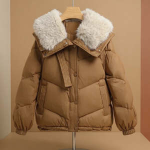 Brown puffer jacket with white fur hood on a mannequin against a beige background