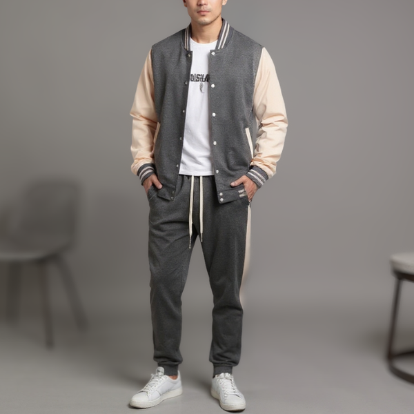 Person wearing a gray and beige varsity jacket with matching pants on a gray background