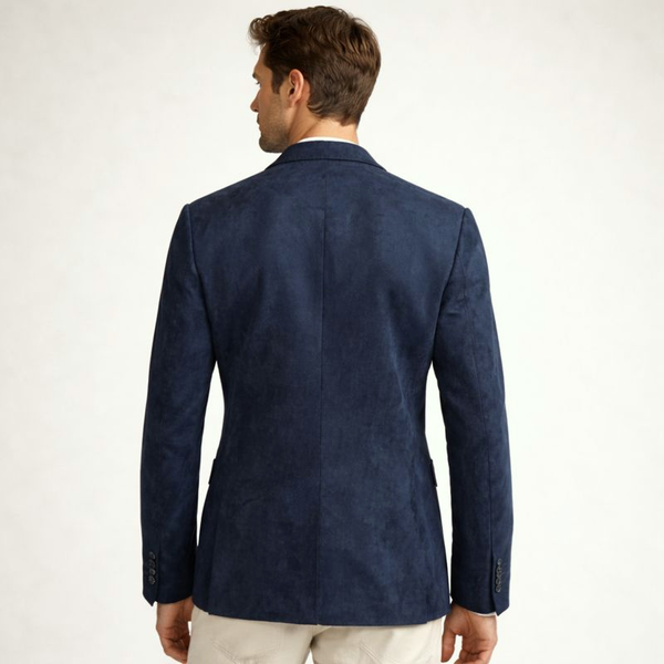 Man wearing a blue blazer from behind on a white background