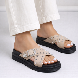 Women's beige sandals detail view — summer for every occasion — Cindy Buckle Sandals — Sonverdano