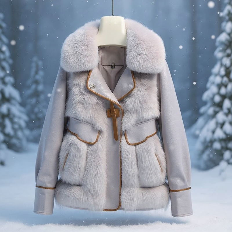 Woman wearing a cream-colored coat with fur trim in a cozy indoor setting.