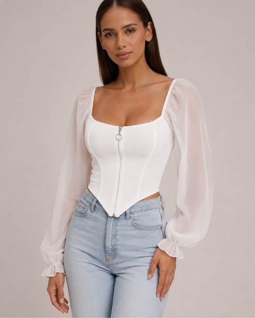 Women's white chiffon juliette side view — versatile — Juliette Corset Blouse — Sonverdano
