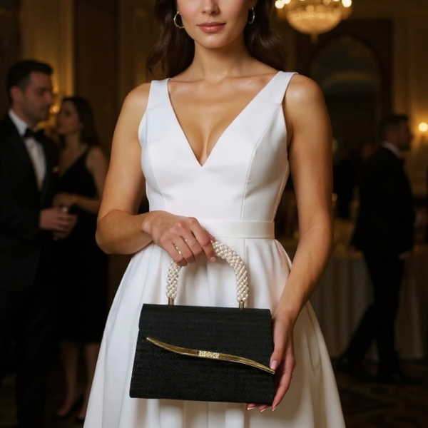 Woman in a white dress holding a black clutch in a formal setting