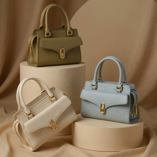 Three handbags in green, beige, and blue on round beige stands against a beige background.