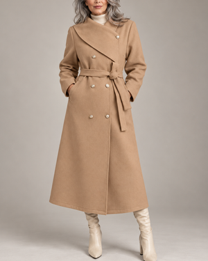 Women's beige jacket back view — outerwear — Eleanor Wrap-Collar Coat — Sonverdano
