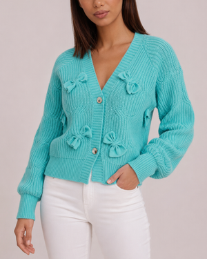 Women's turquoise textured cardigan close-up — cozy — Ariana Bow Knit Cardigan — Sonverdano