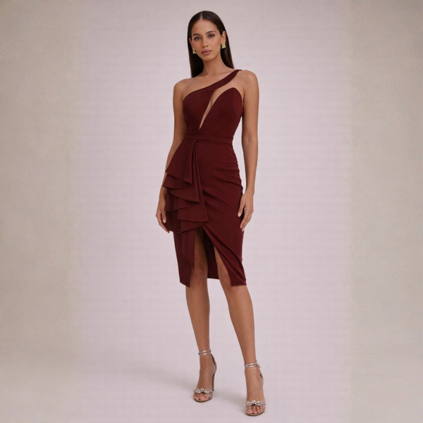 Women's burgundy dress close-up — chic for every occasion — Genevieve Slit Dress — Sonverdano