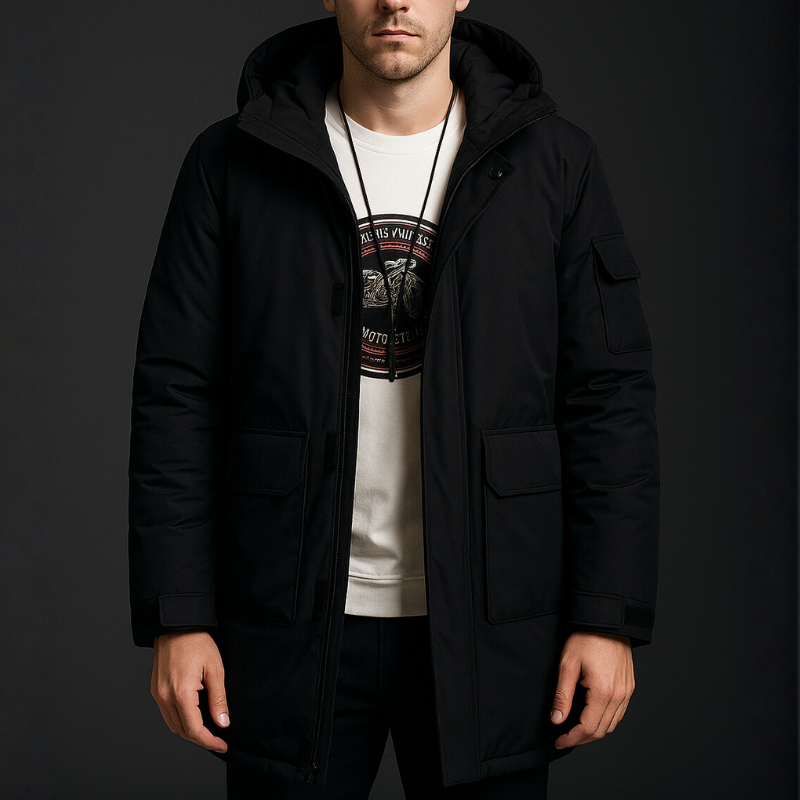 Person wearing a yellow parka coat on a dark background