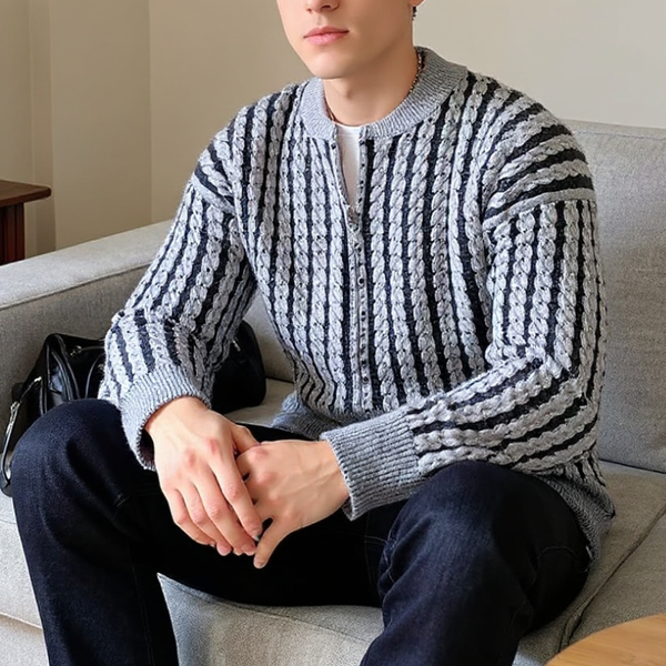 Person wearing a striped sweater sitting on a couch.