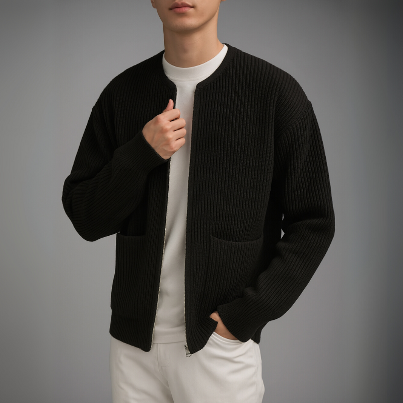 Person wearing a beige cardigan over a white shirt and blue jeans on a gray background