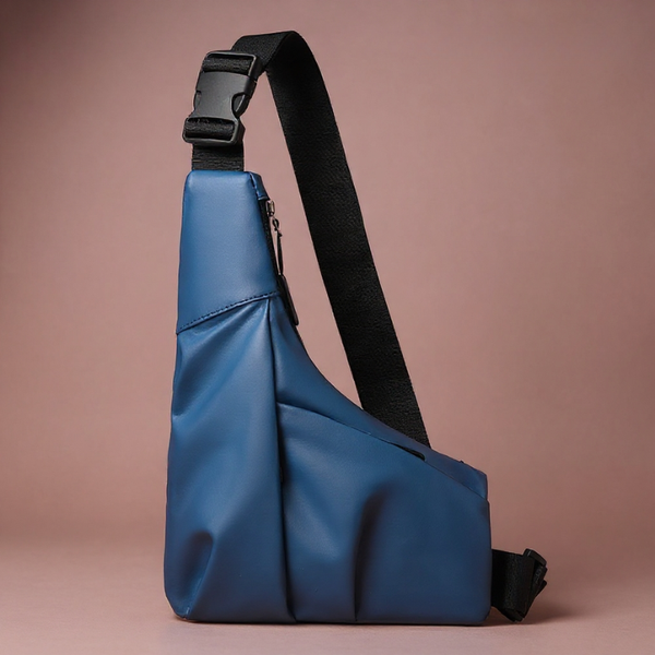 Blue sling bag with a black strap on a beige background