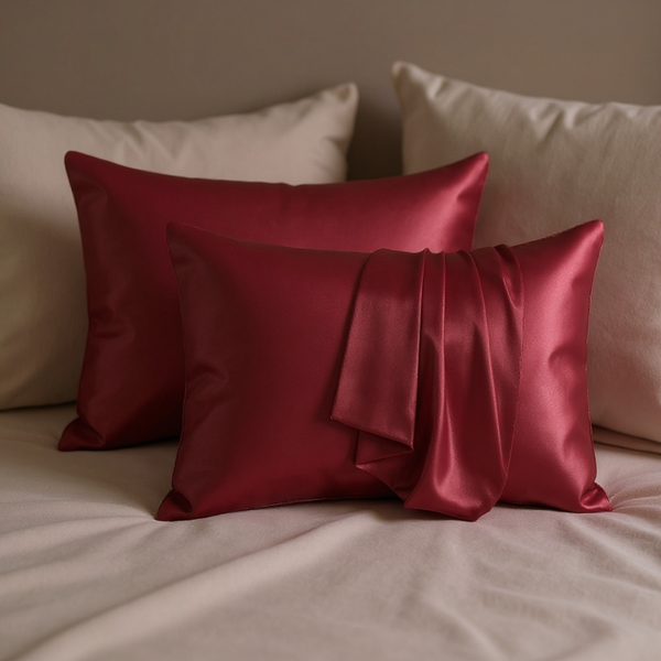 Red satin pillow on a bed with beige pillows in the background