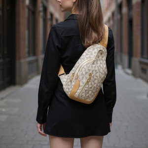 Person wearing a patterned backpack on a city street