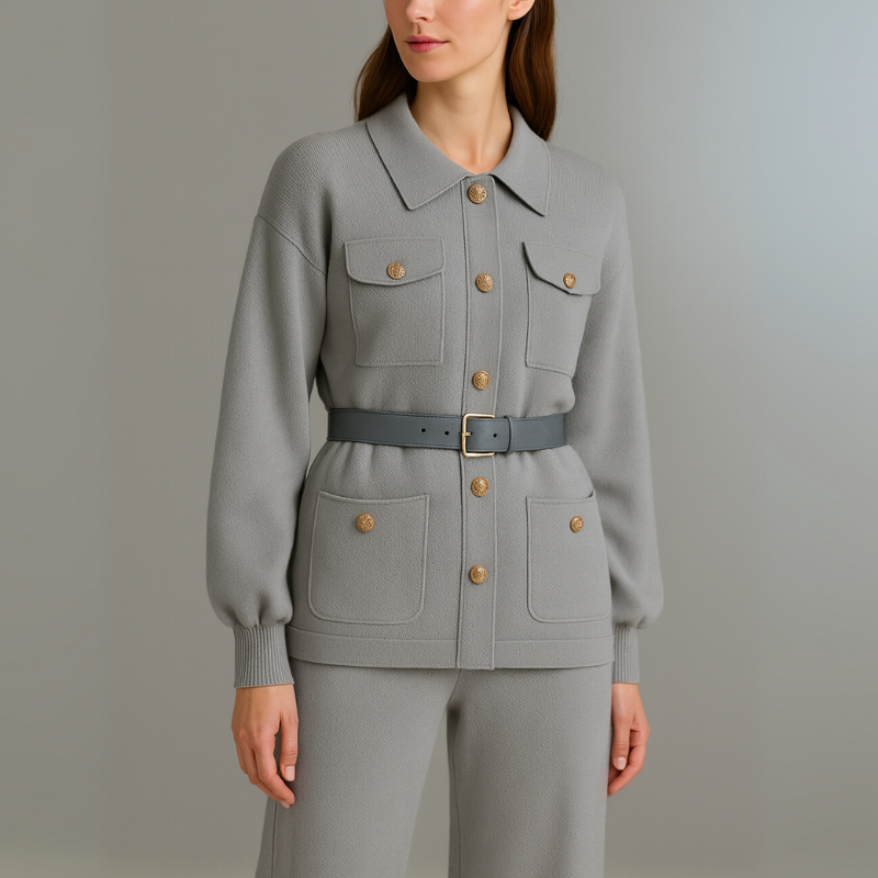 Gray jacket with button details worn by a person on a plain background