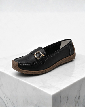 Women's black loafers back view — versatile — Lorraine Orthopedic Buckle Loafers — Sonverdano