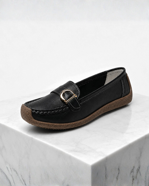 Women's black loafers back view — versatile — Lorraine Orthopedic Buckle Loafers — Sonverdano