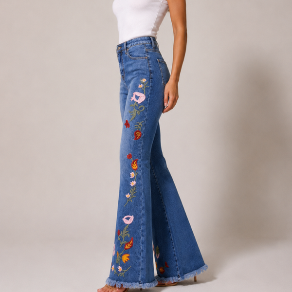 Women's floral jeans side view — casual — Flora Embroidered Flare Jeans — Sonverdano