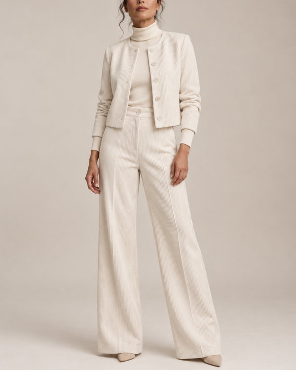 Women's white ribbed pants back view — versatile — Sissi Corduroy 2-Piece Set — Sonverdano