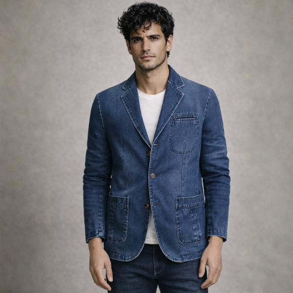 Men's denim denim blazer back view — smart casual — Mateo Denim Blazer — Sonverdano