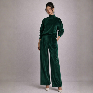 Women's pants — versatile — PR-0597 - Women's Velvet Knit Long Sleeve Two-Piece Set with Wide Leg Pants — Sonverdano