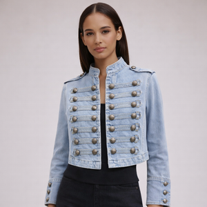 Women's blue denim jacket detail view — outerwear — Alexandra Military Jacket — Sonverdano