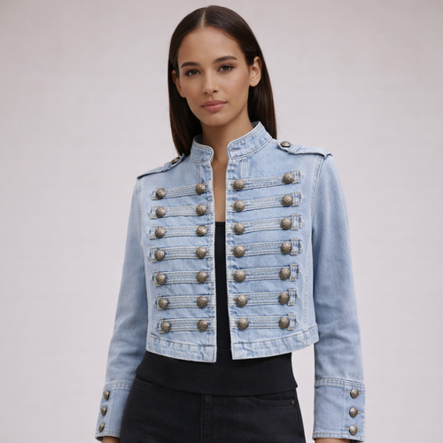Women's blue denim jacket detail view — outerwear — Alexandra Military Jacket — Sonverdano