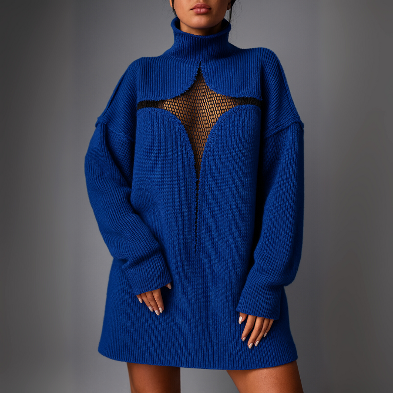 Blue knit dress with a star-shaped cutout on a gray background