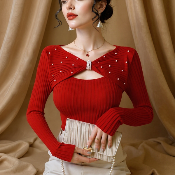 Unisex red sweater alternate angle — cozy — Diamond Butterfly Sweater — Sonverdano
