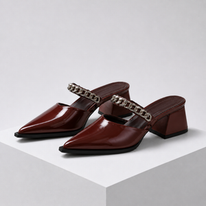 Women's burgundy heels detail view — elegant — Cassandra Pointed Toe Chain Mules — Sonverdano