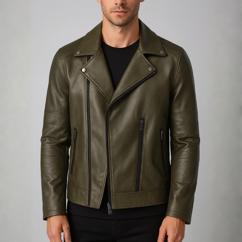 Green leather jacket worn by a person on a gray background