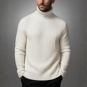 Man wearing a white turtleneck sweater against a gray background