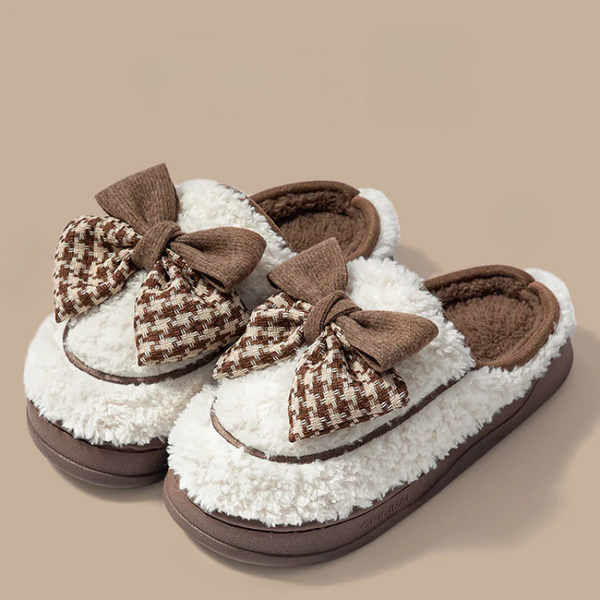 Women's white bow teddy slippers — footwear