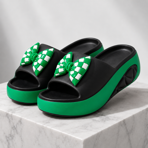 Women's black checkered sandals detail view — versatile — Vivi Bow Platform Sandals — Sonverdano