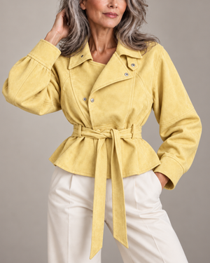 Women's yellow suede jacket side view — outerwear — Diane Peplum Jacket — Sonverdano