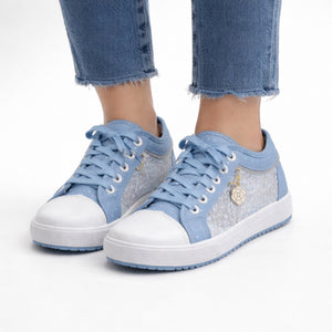 Women's denim denim sneakers detail view — casual — Stacy Denim Lace Sneakers — Sonverdano