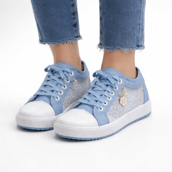 Women's denim denim sneakers detail view — casual — Stacy Denim Lace Sneakers — Sonverdano