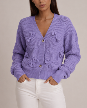 Women's purple textured cardigan close-up — cozy — Ariana Bow Knit Cardigan — Sonverdano