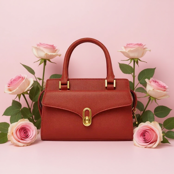 Red handbag with gold accents on a pink background with pink roses
