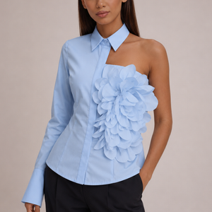 Women's light blue floral freesia back view — versatile — Freesia One-Shoulder Shirt — Sonverdano