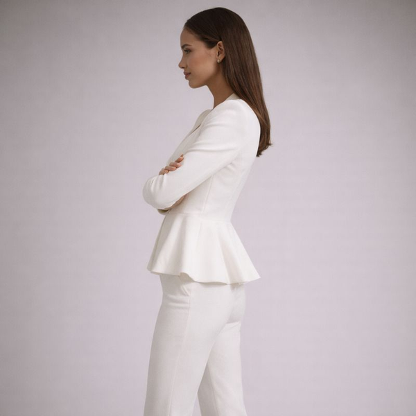 Woman wearing a white suit against a light gray background